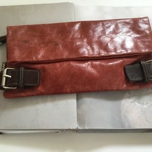 TANO Red and Brown Leather Envelope Clutch with Decorative Buckles